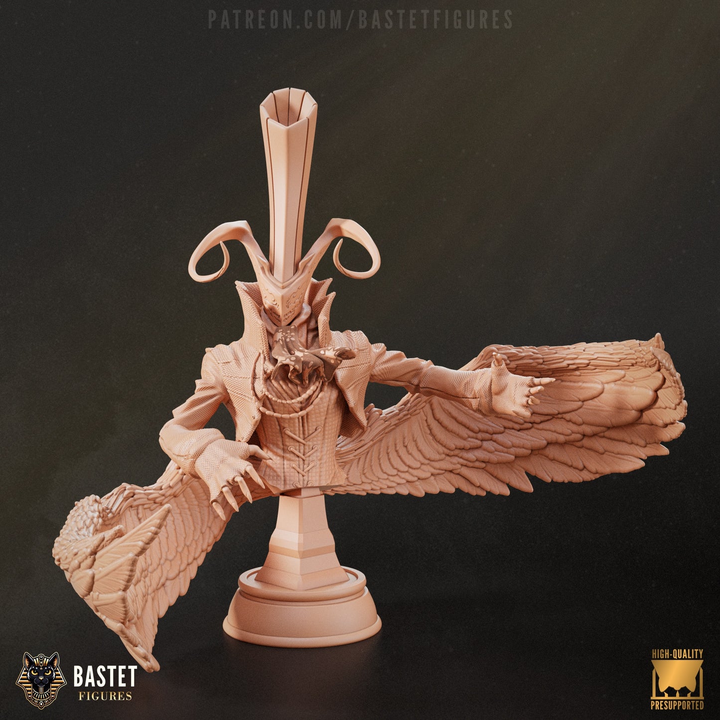 Clay render of Arsène bust with winged arms extended, perched on a round base with detailed textures and villainous flair.