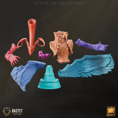 Individual unassembled parts of the Arsène bust including wings, arms, and upper torso with display base.