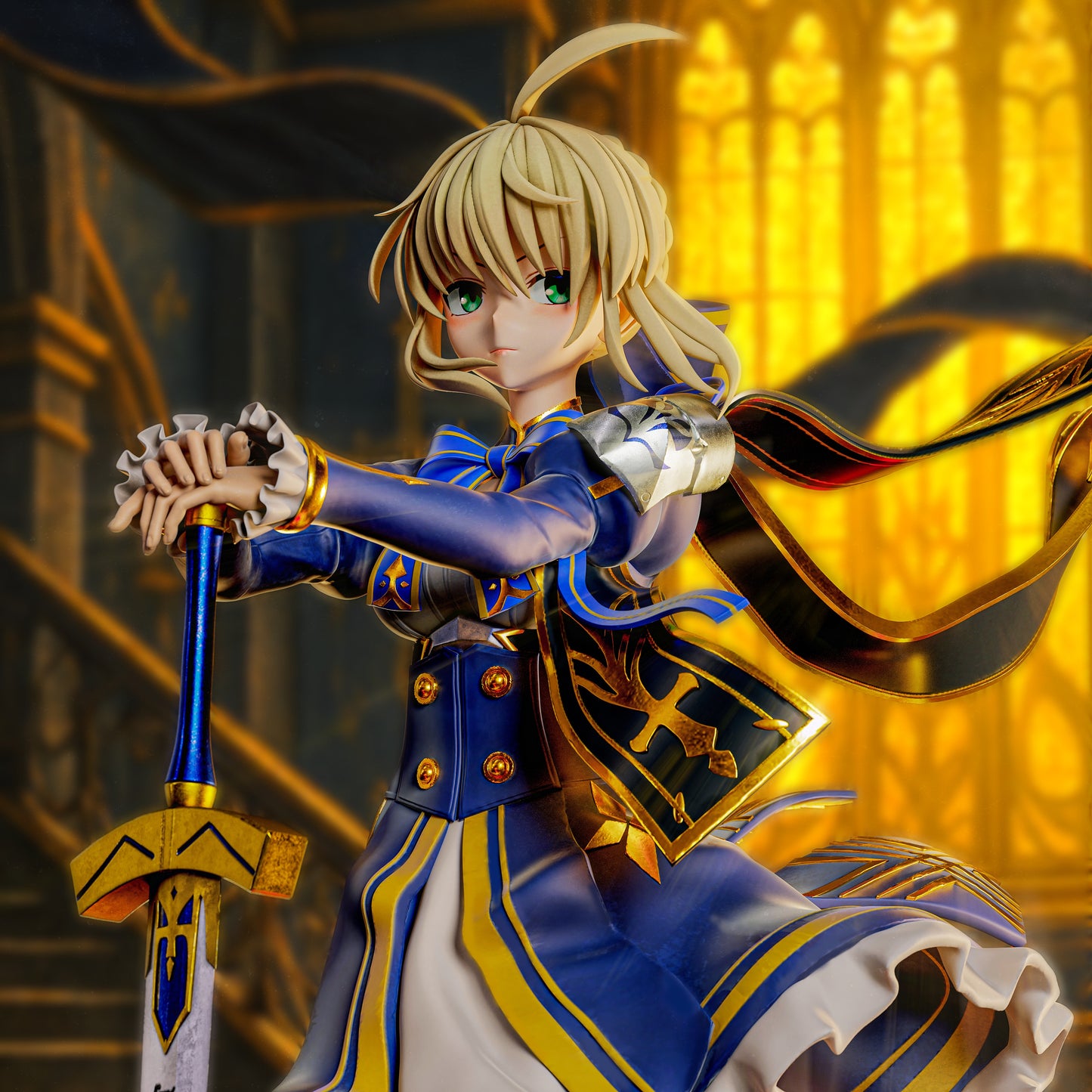 Detailed view of Saber with green eyes, ornate armor, and cathedral window backdrop

