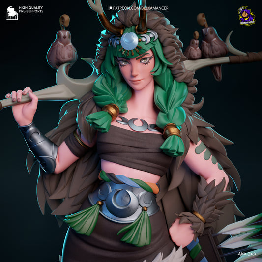 Artemis Hades 1:8 scale figure close-up colored render showing green hair, antler crown, feather cloak, and crescent moon belt detail.