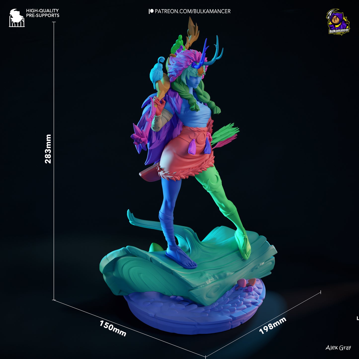 Artemis Hades 1:8 scale statue preview with color-coded modular parts and display base measurements, showing assembled pose and size dimensions.