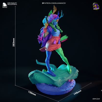 Artemis Hades 1:8 scale statue preview with color-coded modular parts and display base measurements, showing assembled pose and size dimensions.