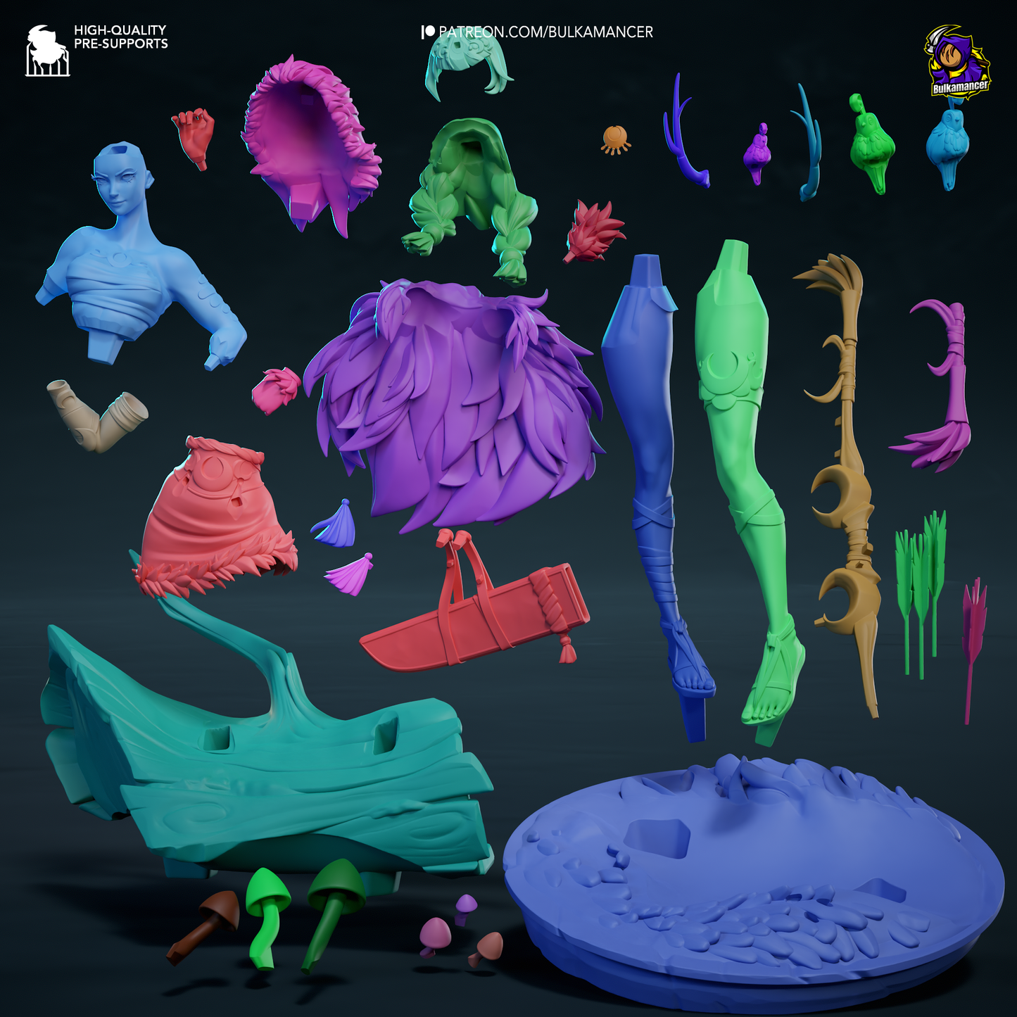 Artemis Hades 1:8 scale collectible figure exploded parts layout showing modular pieces including body, cloak, bow, quiver, base, and accessories.