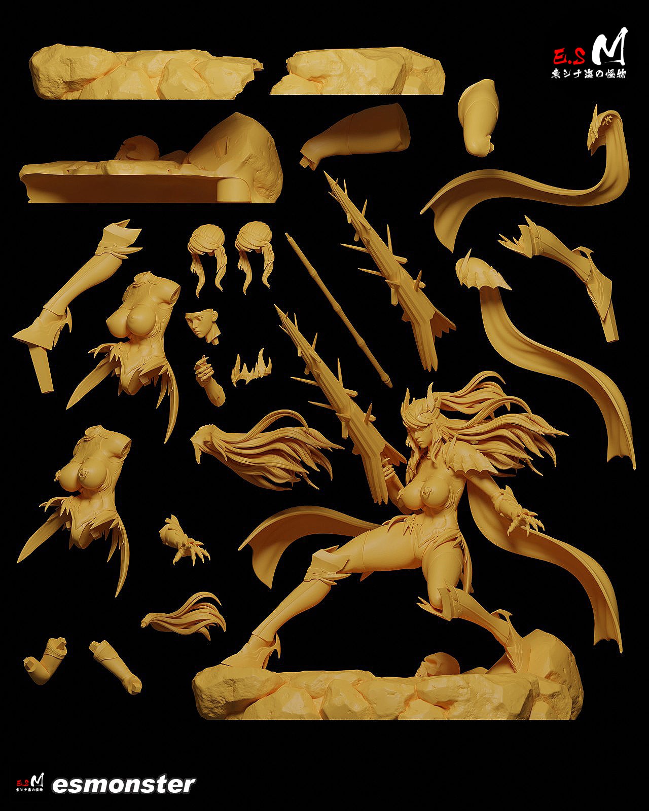 Disassembled view of Saber (Artoria Pendragon) 1:6 scale figure from Fate/Grand Order, showing keyed parts including torso, hair, arms, legs, and weapon components.