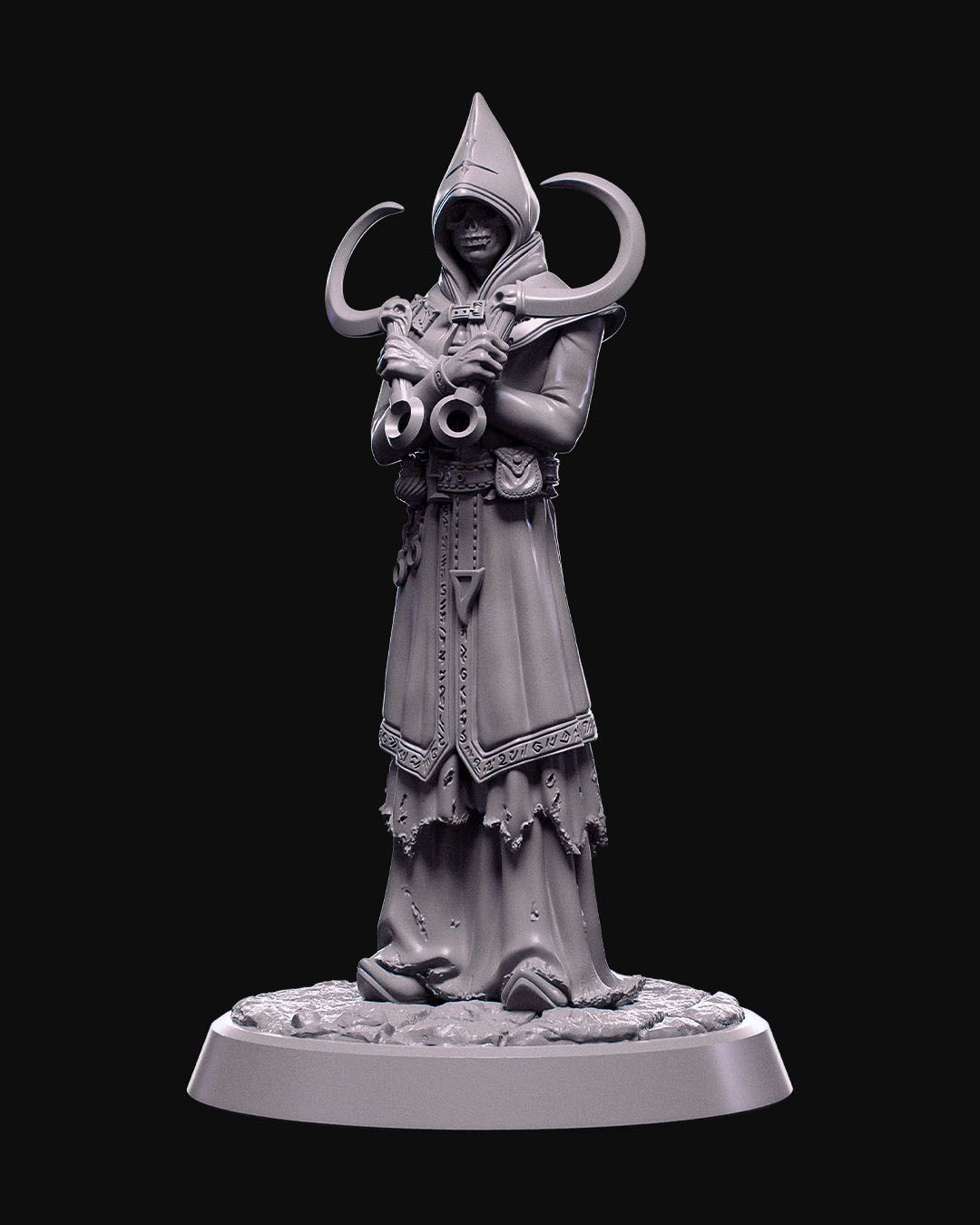 Front view of Arzan Cultist holding crescent blades, wearing a hooded robe with runic symbols.