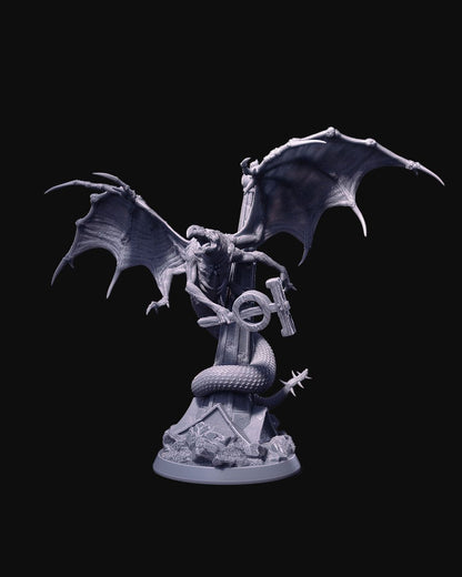 Front view of Arzan, the Doom, a winged demon gripping a cross with a coiled serpent at its base.
