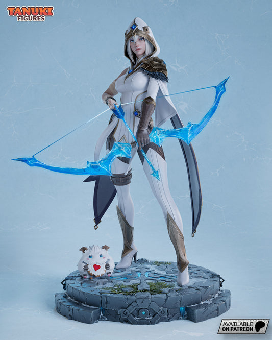 Front view of Ashe 1:6 scale collectible figure with crystalline ice bow drawn, hooded cloak, and armored detailing, standing on a runed stone base with a Poro companion beside her.