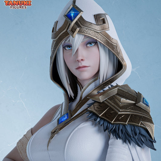 Close-up portrait of Ashe showing her focused expression, white hood with blue gem, and textured armor with layered shoulder plating and blue accents.