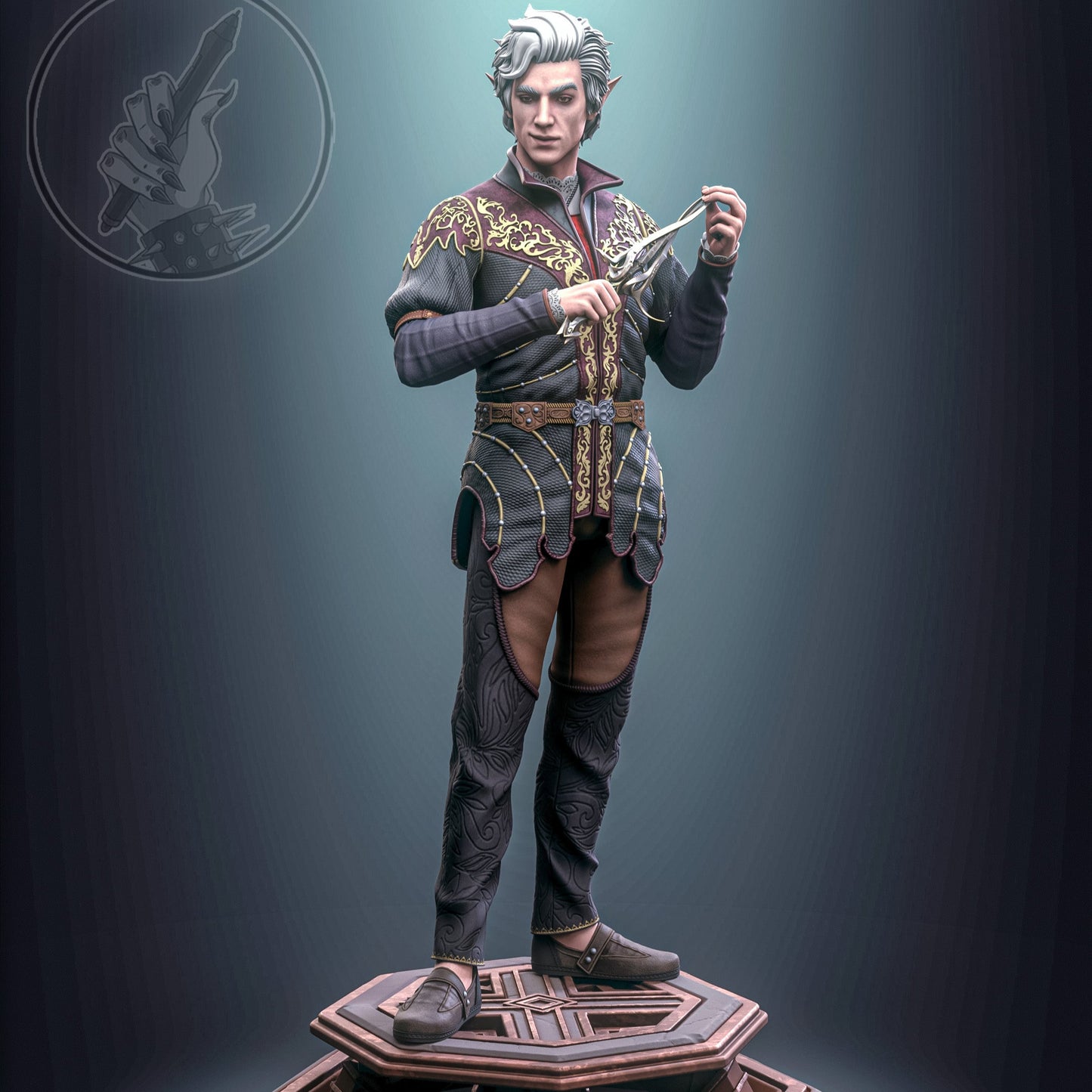 Fully painted Astarion with silver hair and red-trimmed coat, posed with dagger on octagonal base.