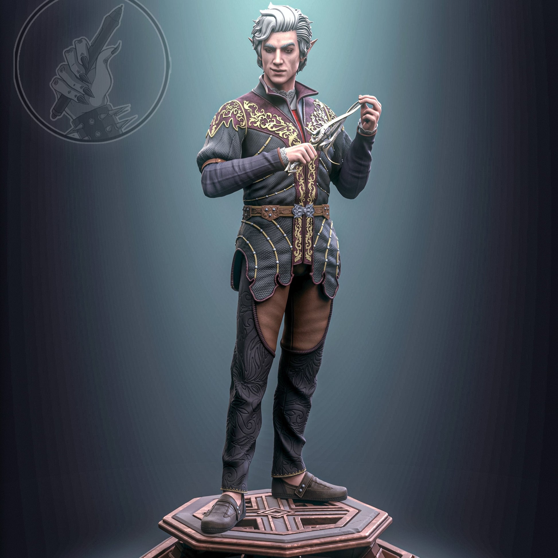 Fully painted Astarion with silver hair and red-trimmed coat, posed with dagger on octagonal base.