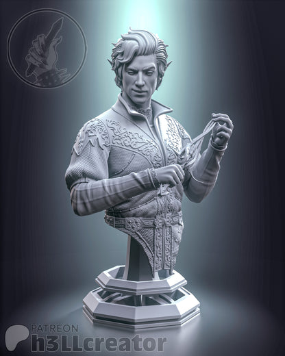 Grayscale bust of Astarion from Baldur’s Gate, showing intricate embroidery and raised dagger.