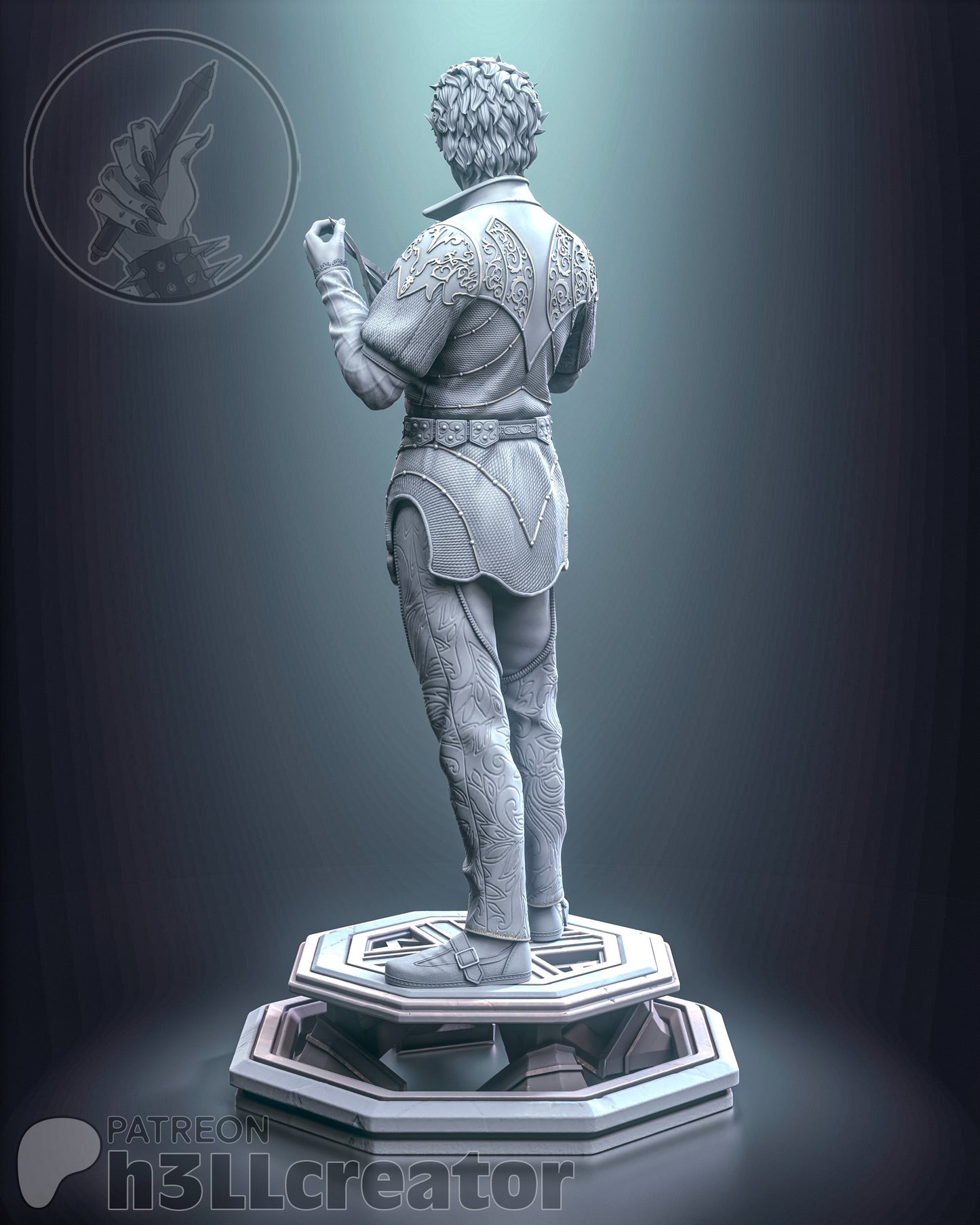 Rear grayscale shot of full Astarion figure in embroidered clothing, standing on a decorative pedestal.