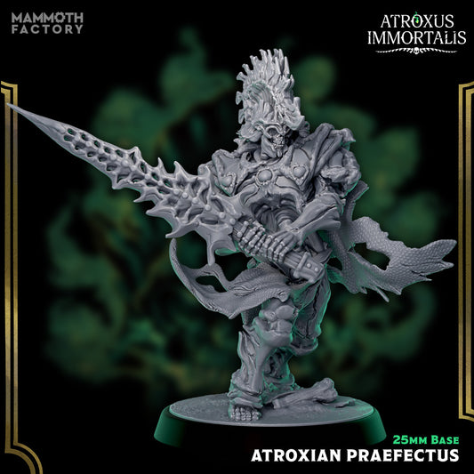 Atroxian Praefectus undead champion miniature holding massive jagged sword in battle stance on a 25mm base