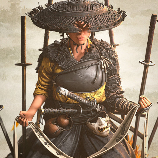 Painted Atsu – Ghost of Yotei figure with straw hat, samurai robes, katana, and oni mask resting on hip.