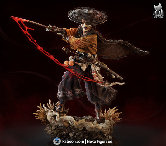 Atsu Ghost of Yotei 1:7 figure painted version with samurai pose, straw hat, flowing garments, sword energy effect, and rocky base.
