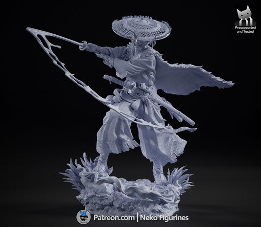 Atsu Ghost of Yotei 1:7 unpainted figure front view showing detailed clothing textures, sword arc effect, hat, and base foliage.