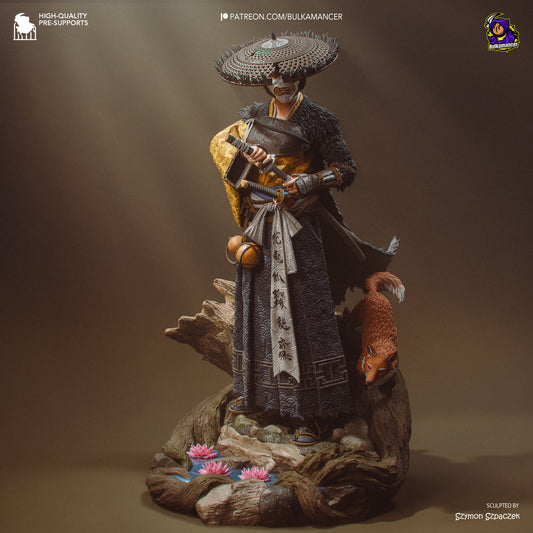 atsu ghost of yotei 1:8 scale samurai figure painted version wide hat twin swords fox companion detailed scenic base collectible statue dm minis