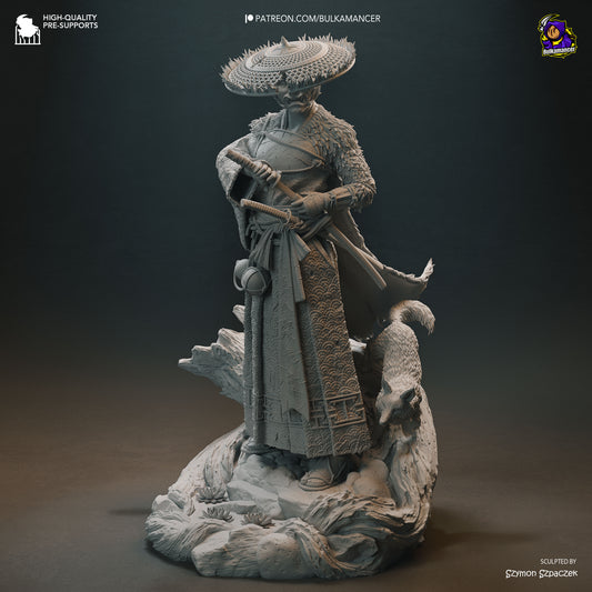 atsu ghost of yotei 1:8 samurai statue unpainted view layered robes swords fox spirit scenic rock base collectible figure dm minis