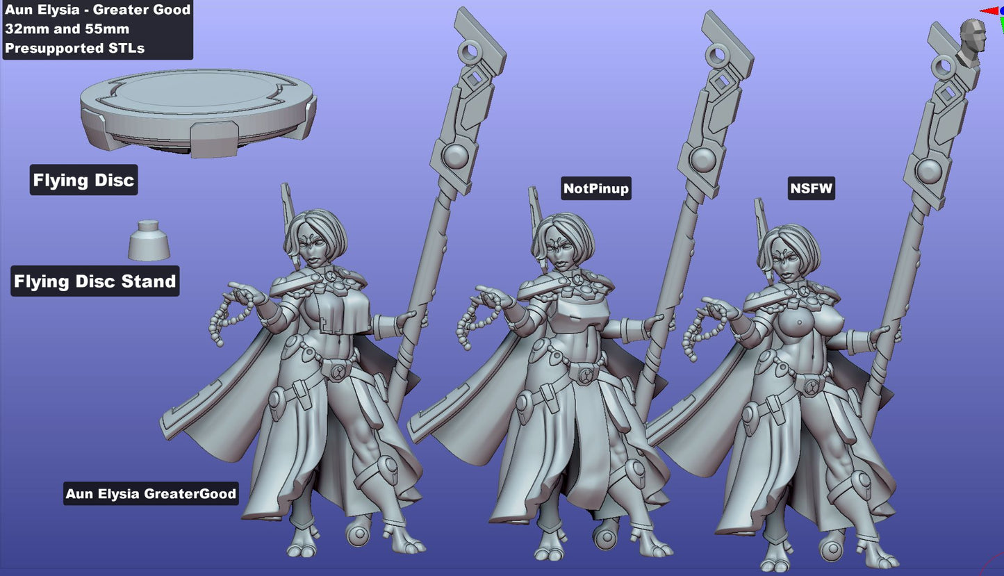 STL preview of Aun Elysia, displaying her commanding pose, equipped with a staff and cape, suitable for Starfinder or Warhammer 40k.