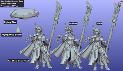 STL preview of Aun Elysia, displaying her commanding pose, equipped with a staff and cape, suitable for Starfinder or Warhammer 40k.