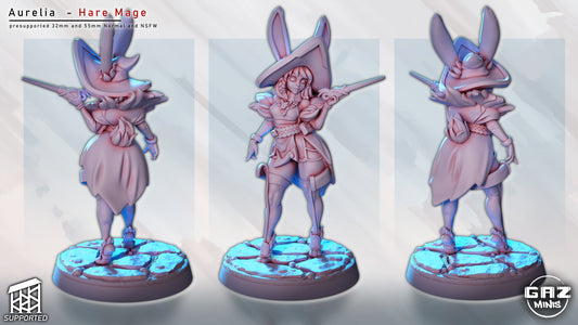 Turnaround renders of Aurelia the Hare Mage, fully clothed, standing on a glowing stone base with wand raised, wearing a wide-brimmed hat and fantasy outfit with bunny ears.