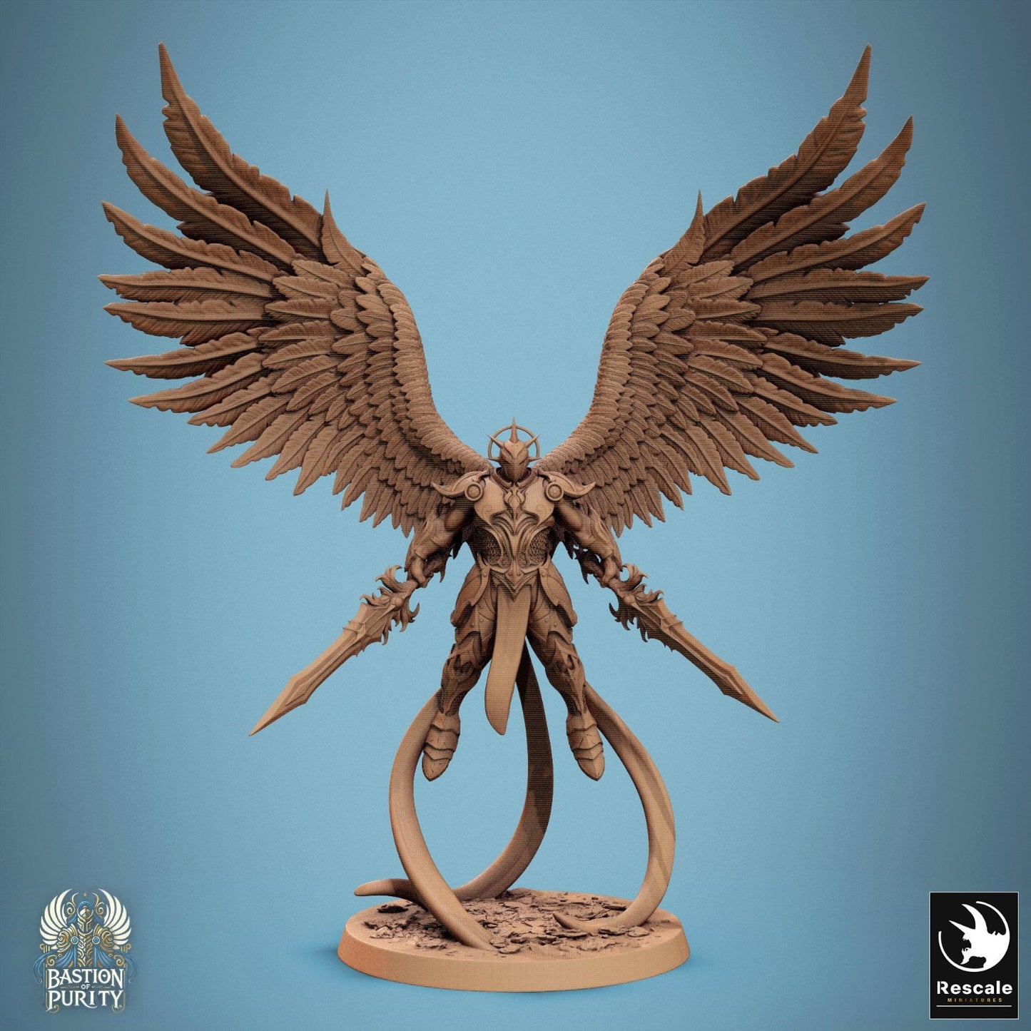 Aurelian Skyblade depicted with double swords, majestic wings spread out wide, embodying a fierce and graceful guardian ready for battle. Ideal for a fantasy TTRPG setting like D&D or Pathfinder.