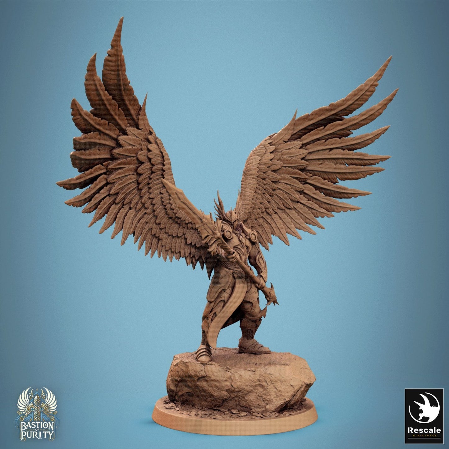 Aurelian Skyblade wielding a great spear, majestic wings sweeping upwards, embodying a leader in the celestial ranks. Ideal for a fantasy RPG campaign seeking an angelic figure.