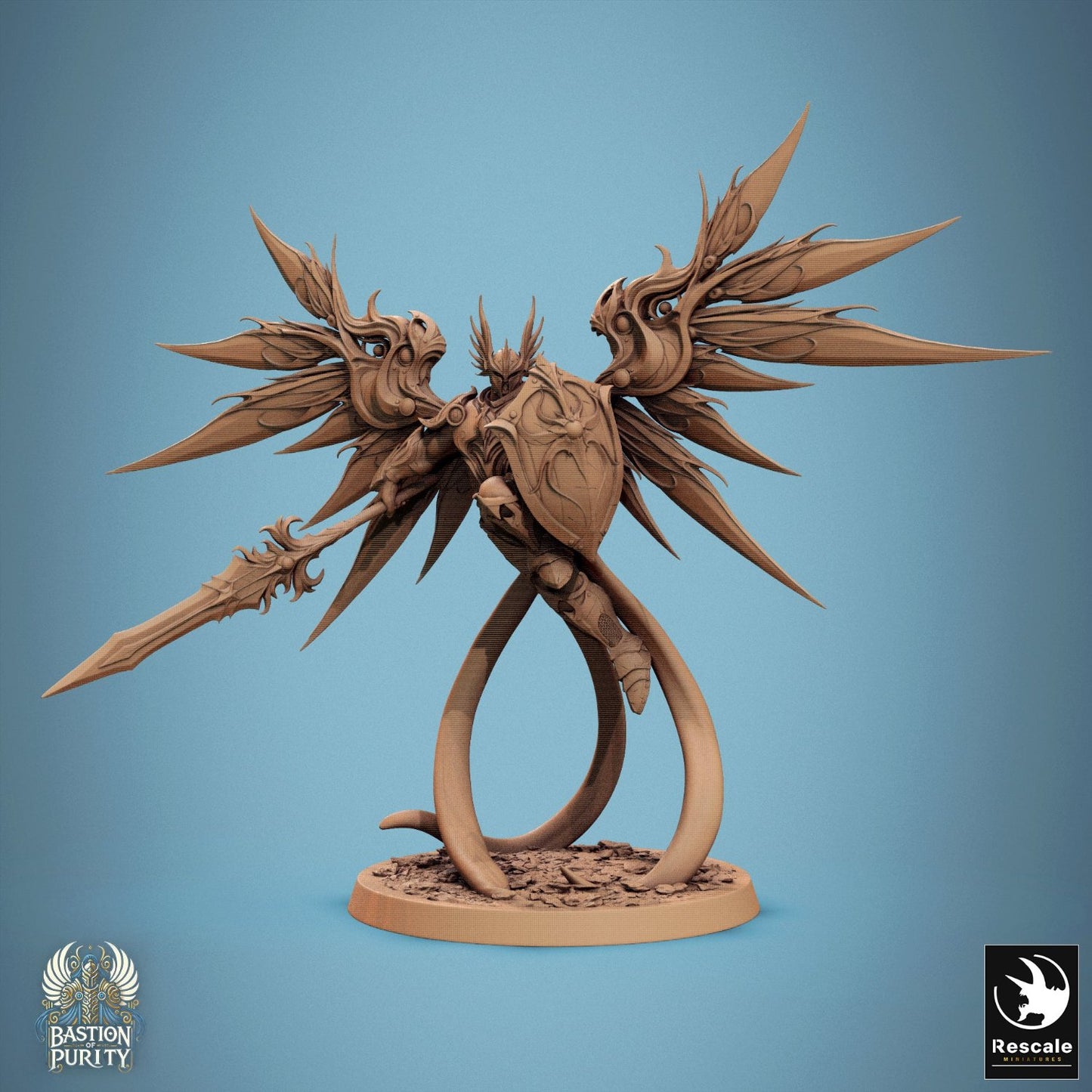 Aurelian Skyblade depicted with a spear and shield, wings extended as if taking on a powerful foe. Ideal for fantasy RPGs, representing angelic defenders.