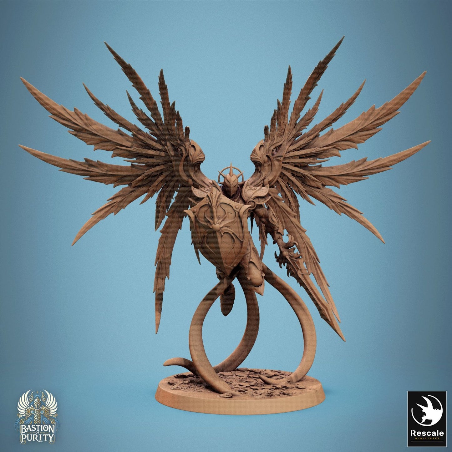 Aurelian Skyblade depicted with a sword and shield, wings arched in a defensive stance. Ready to lead the charge or protect allies, this miniature is suitable for classic fantasy RPGs.