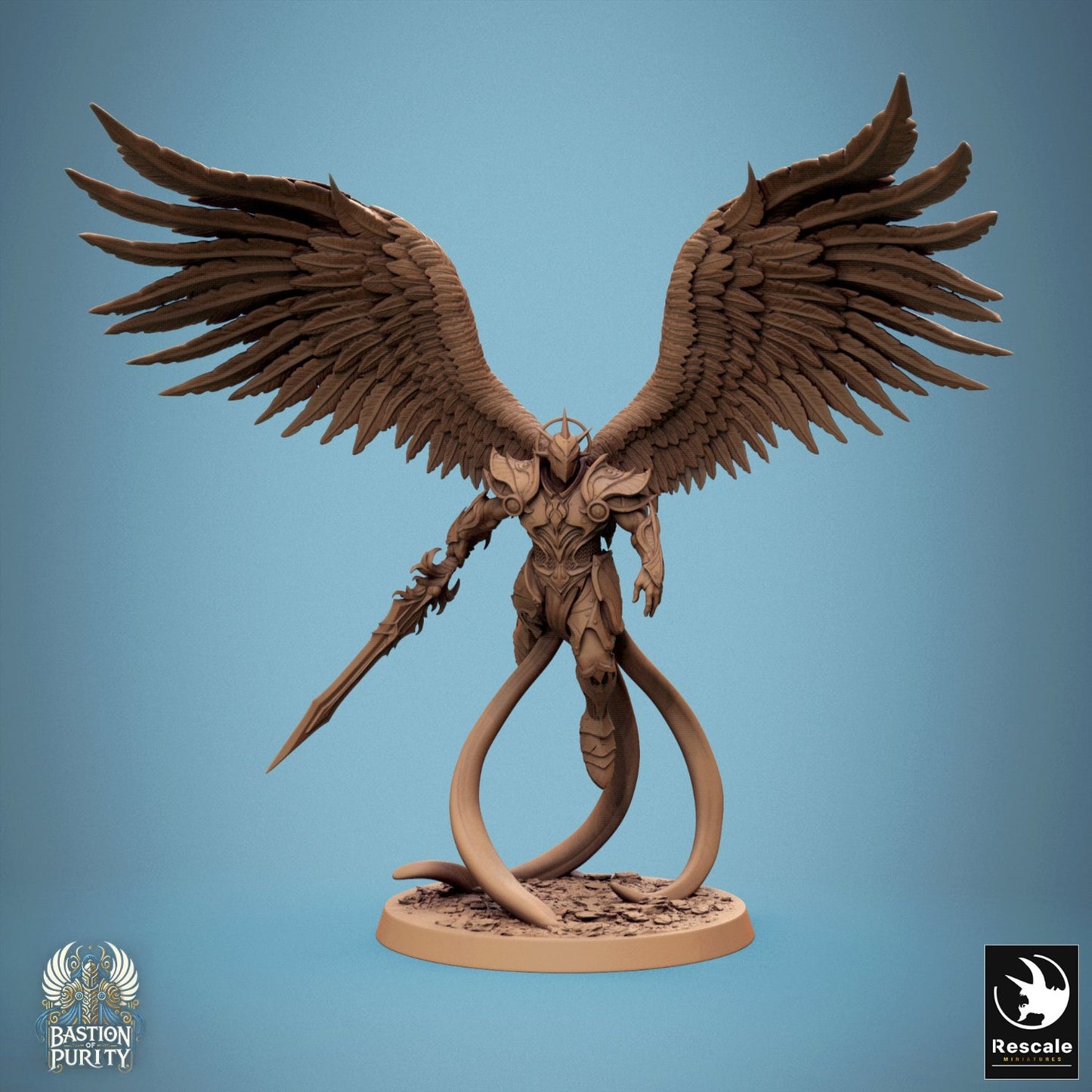 Aurelian Skyblade standing in a heroic pose with a single sword, wings towering above like a celestial protector. This figure adds a divine presence to your TTRPG adventures.