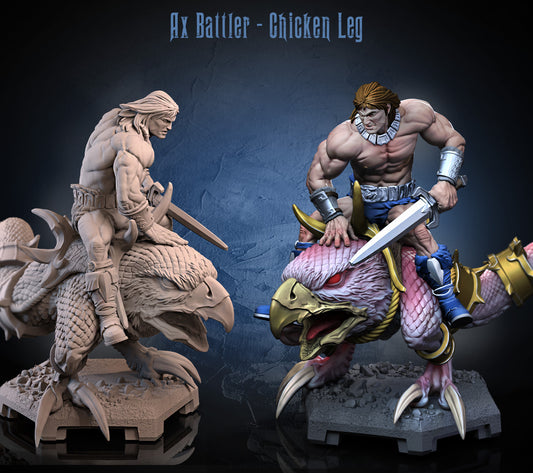 Comparison Image – Mounted Ax Battler miniatures shown unpainted and fully painted, highlighting detailed barbarian rider and scaled mount inspired by Golden Axe.