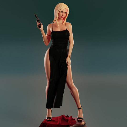 Front view of Aya Brea 1:4 scale collectible figure from Parasite Eve, holding a pistol while wearing a high-slit black gown and heels, posed confidently on a circular base with red fabric.