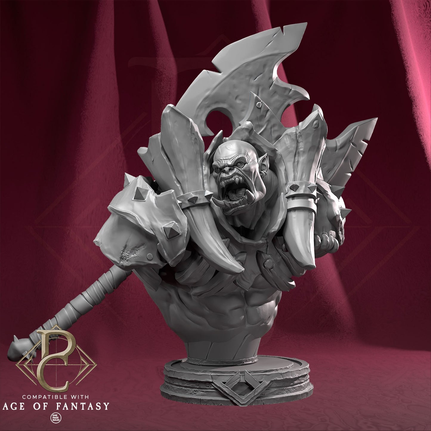 Kodark, The Conqueror, an orc bust with large pauldrons and a battle axe, detailed 3D printable model.