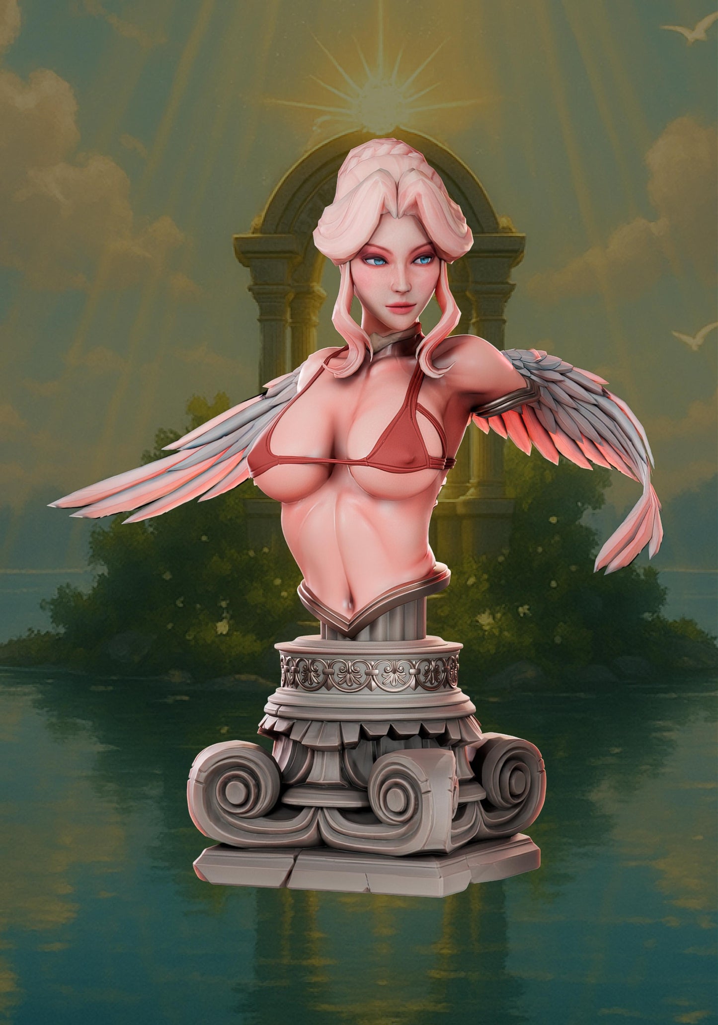 Kaelyn Radiantheart bust variant wearing minimal celestial armor and wings, Aasimar Fighter from Pathfinder.