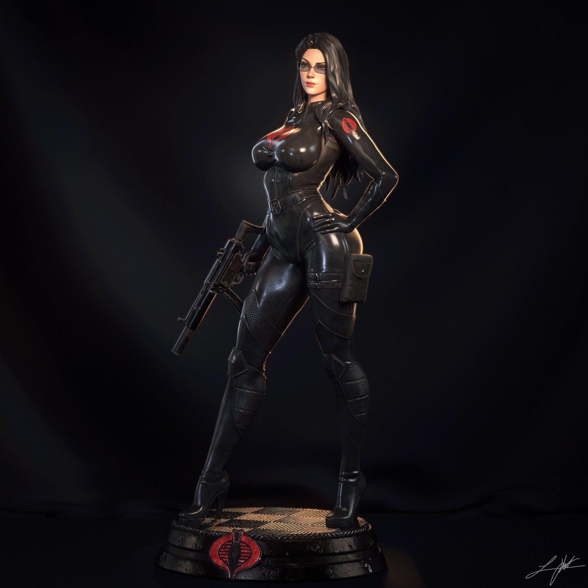 Front view of Baroness 1:4 scale collectible figure from G.I. Joe, standing confidently in black tactical suit with Cobra insignia and holding a submachine gun.