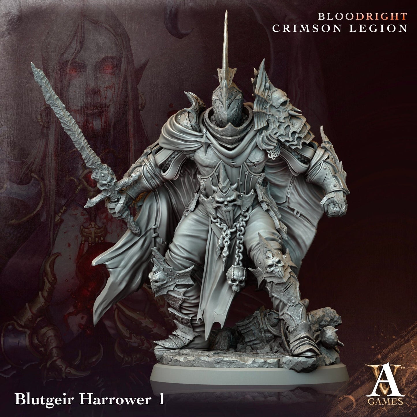 Blutgeir Harrower 1, a dark knight in full armor with spiked shoulders and tattered cloak, wielding a massive sword, standing atop a pile of rubble. Perfect for dark fantasy TTRPGs like Dungeons & Dragons.