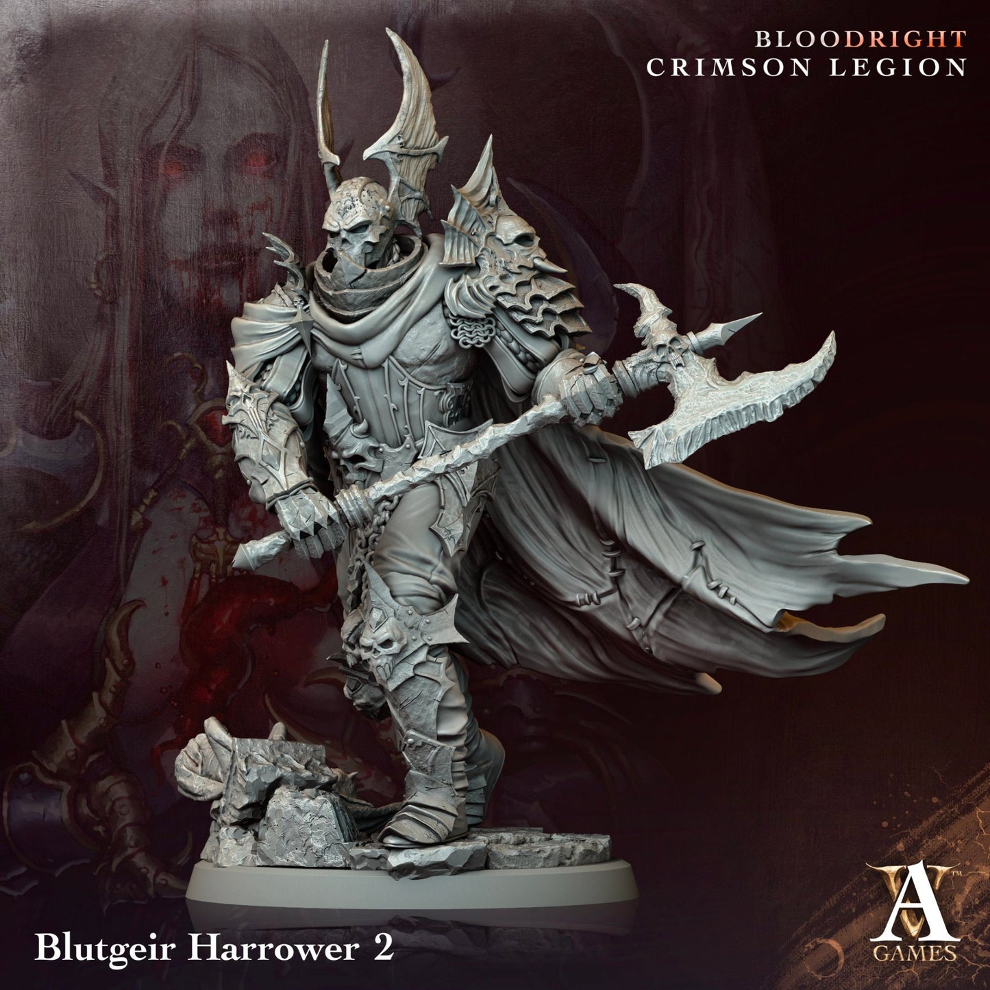 Blutgeir Harrower 2, a dark armored knight holding an axe with jagged edges. The figure is adorned with skull-themed armor and a flowing tattered cloak, ideal for dark fantasy TTRPG settings.