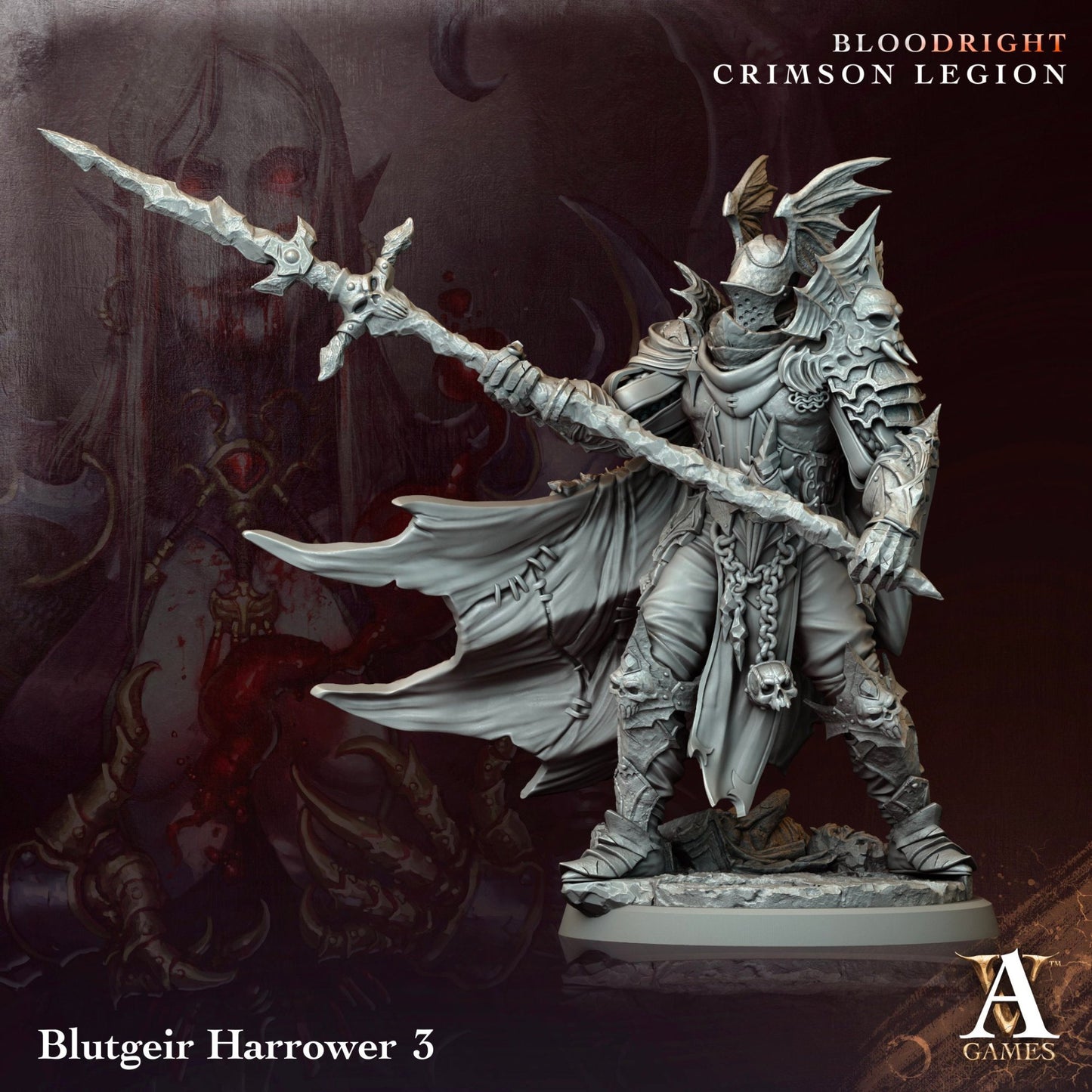 Blutgeir Harrower 3, a dark knight wielding a long spear with a jagged blade, adorned in heavy spiked armor and flowing cloak. A menacing presence for dark fantasy tabletop games.