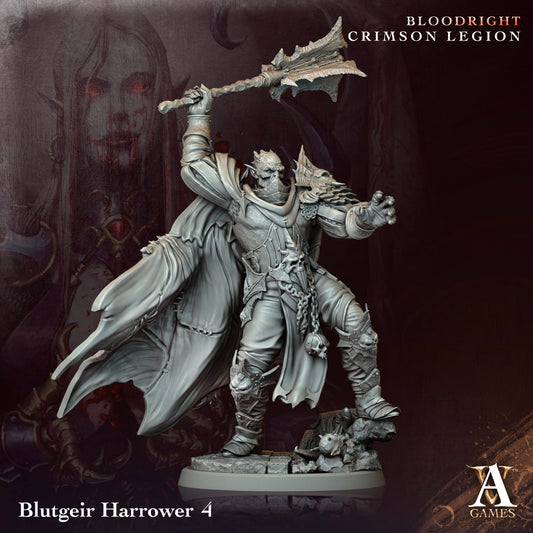 Blutgeir Harrower 4, an armored knight raising a spiked mace overhead, surrounded by spiked armor and tattered cloak. A powerful undead figure suited for dark fantasy TTRPGs like Pathfinder.