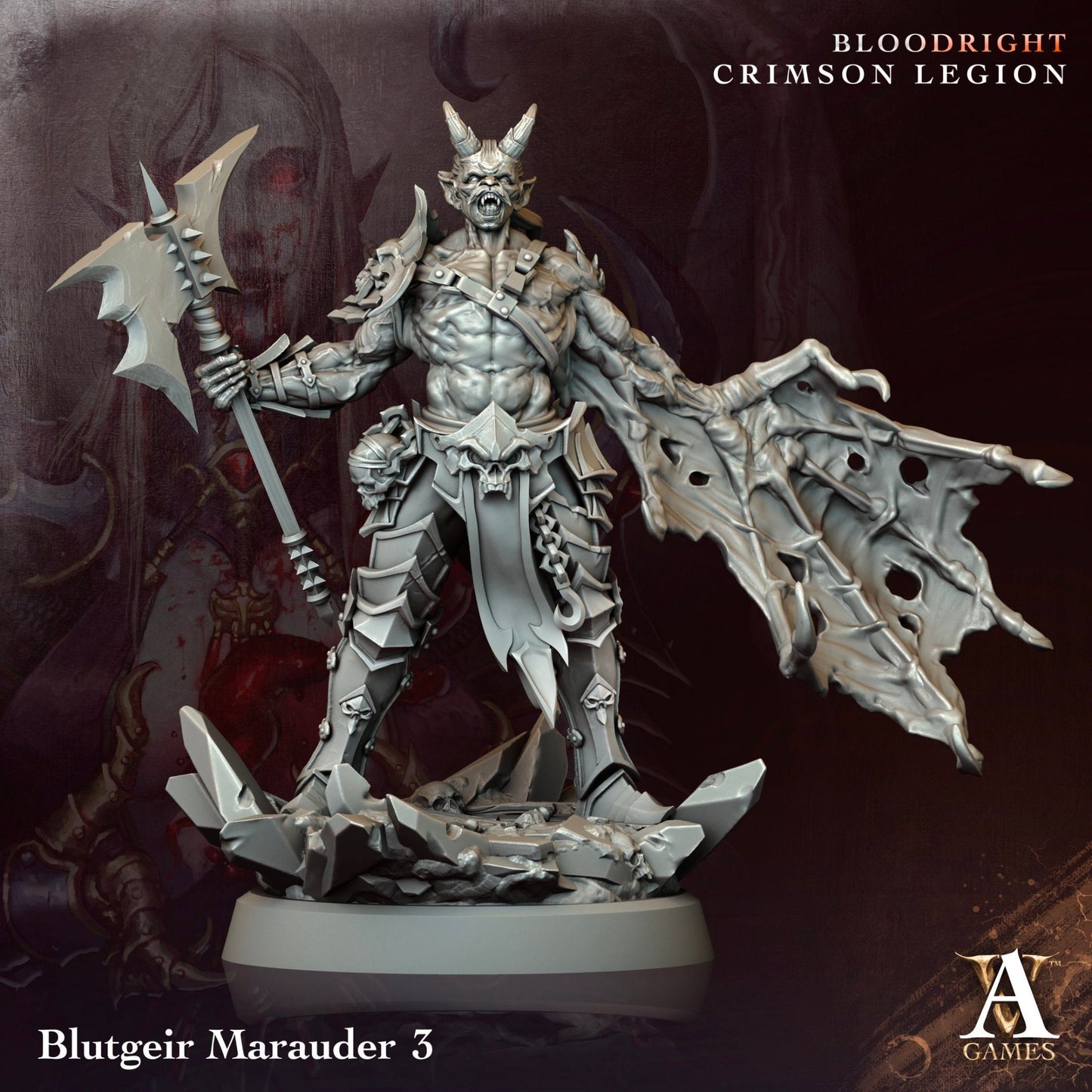 A vampiric warrior wielding a massive battle axe, with horns on his helmet, part of the Blutgeir Marauders set.