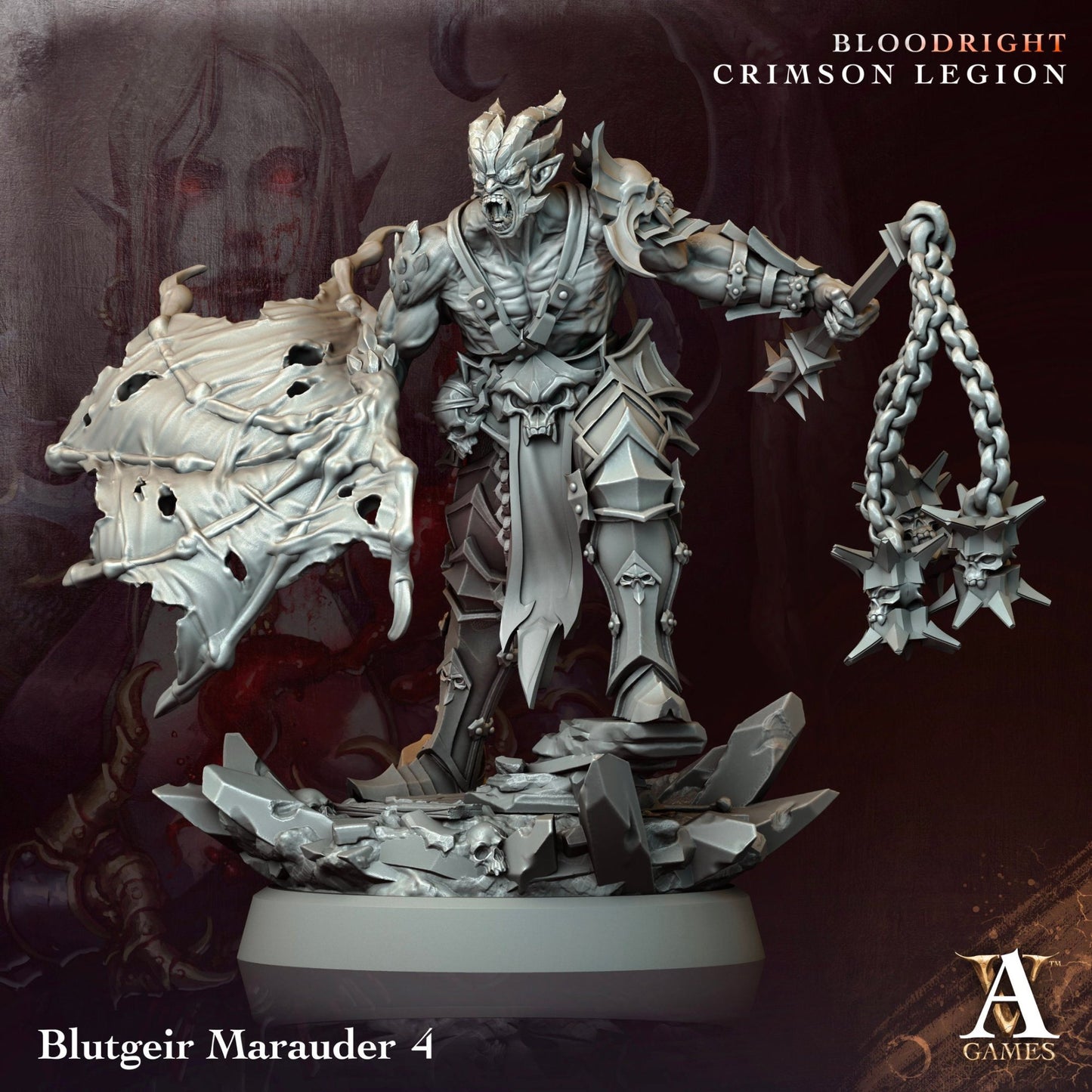 A vampire knight wielding a flail, with spiked chains and torn shield, from the Blutgeir Marauders set.