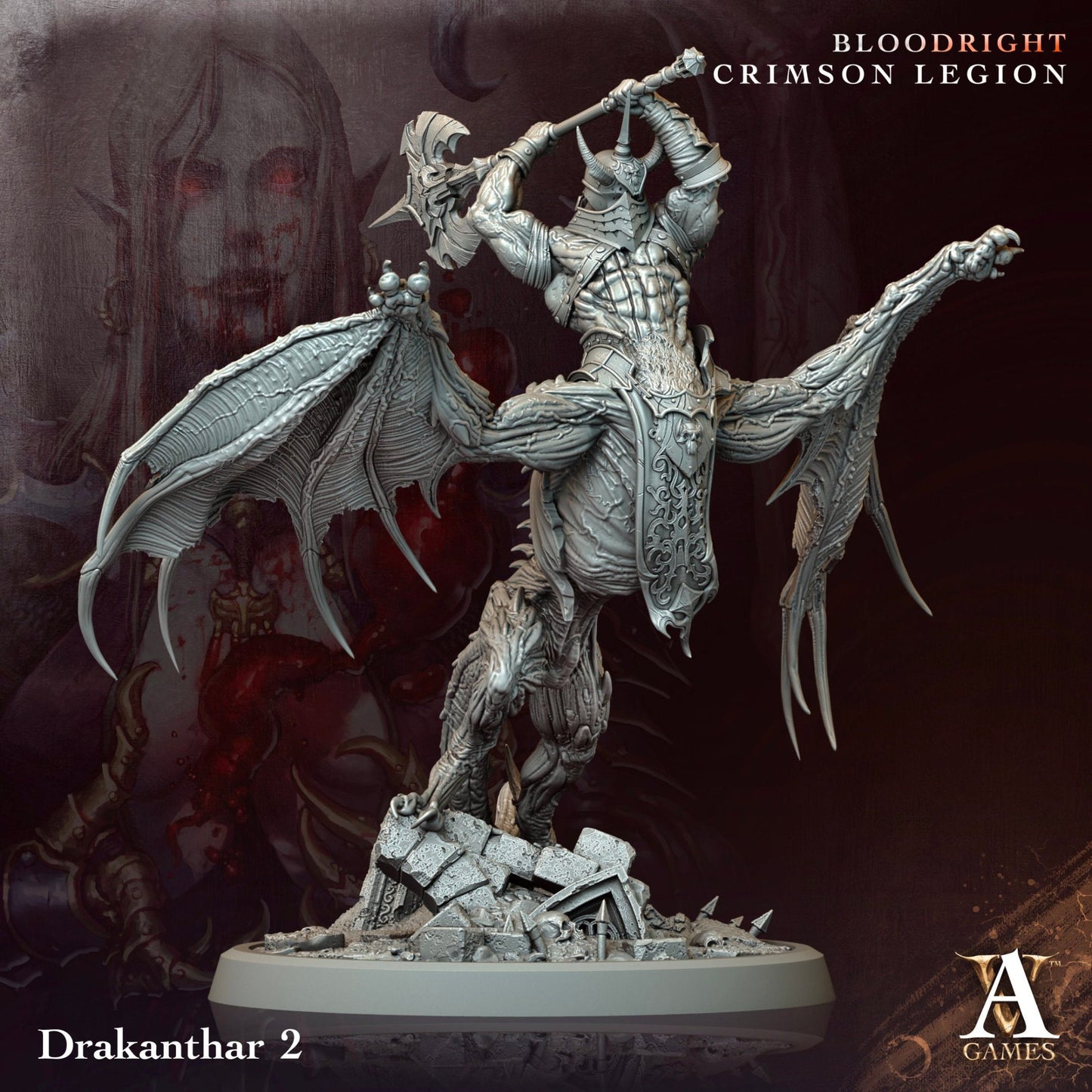 A centaur vampire hybrid with large wings and a raised axe, its heavily armored form exudes dread. This monstrous figure is perfect for TTRPG campaigns featuring undead horrors like in Dungeons and Dragons.