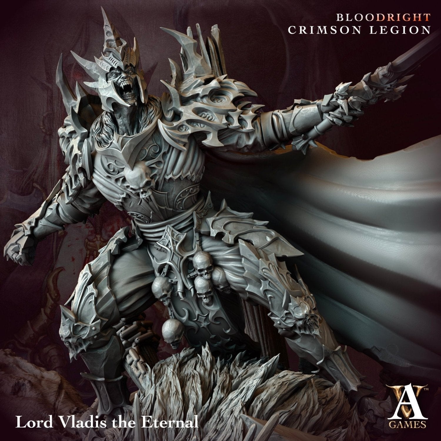 Lord Vladis the Eternal close-up, showing the detailed skull-adorned armor and aggressive pose, wielding a sword and standing atop a beast. Ideal for fantasy TTRPGs like Dungeons and Dragons.