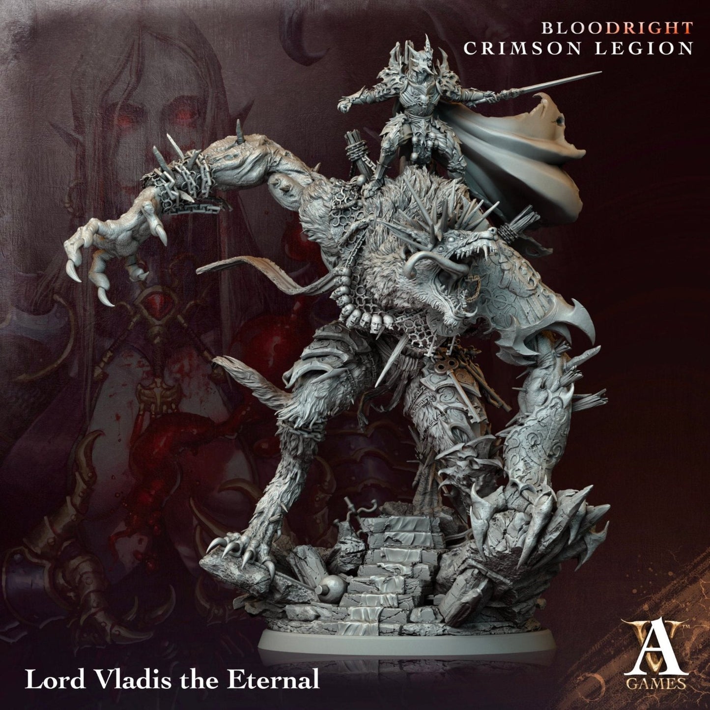 Lord Vladis in a dynamic battle stance, holding a sword while mounted on a fierce beast, perfect for fantasy TTRPGs featuring powerful undead warriors.