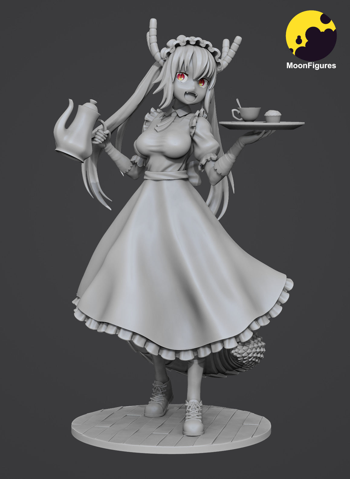 Tohru Miss Kobayashi’s Dragon Maid 1:10 scale collectible figure grayscale front render holding teapot and tray