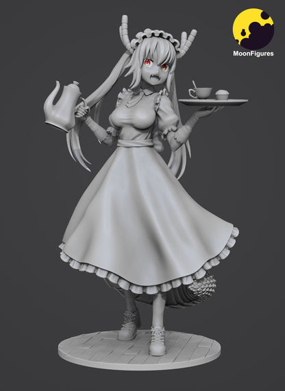 Tohru Miss Kobayashi’s Dragon Maid 1:10 scale collectible figure grayscale front render holding teapot and tray