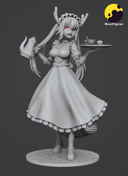 Tohru Miss Kobayashi’s Dragon Maid 1:10 scale collectible figure grayscale front render holding teapot and tray