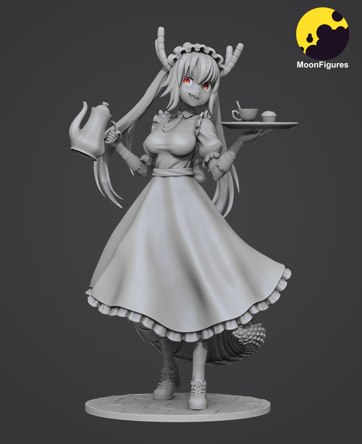 Tohru Miss Kobayashi’s Dragon Maid 1:10 scale collectible figure grayscale angled render with dragon tail visible