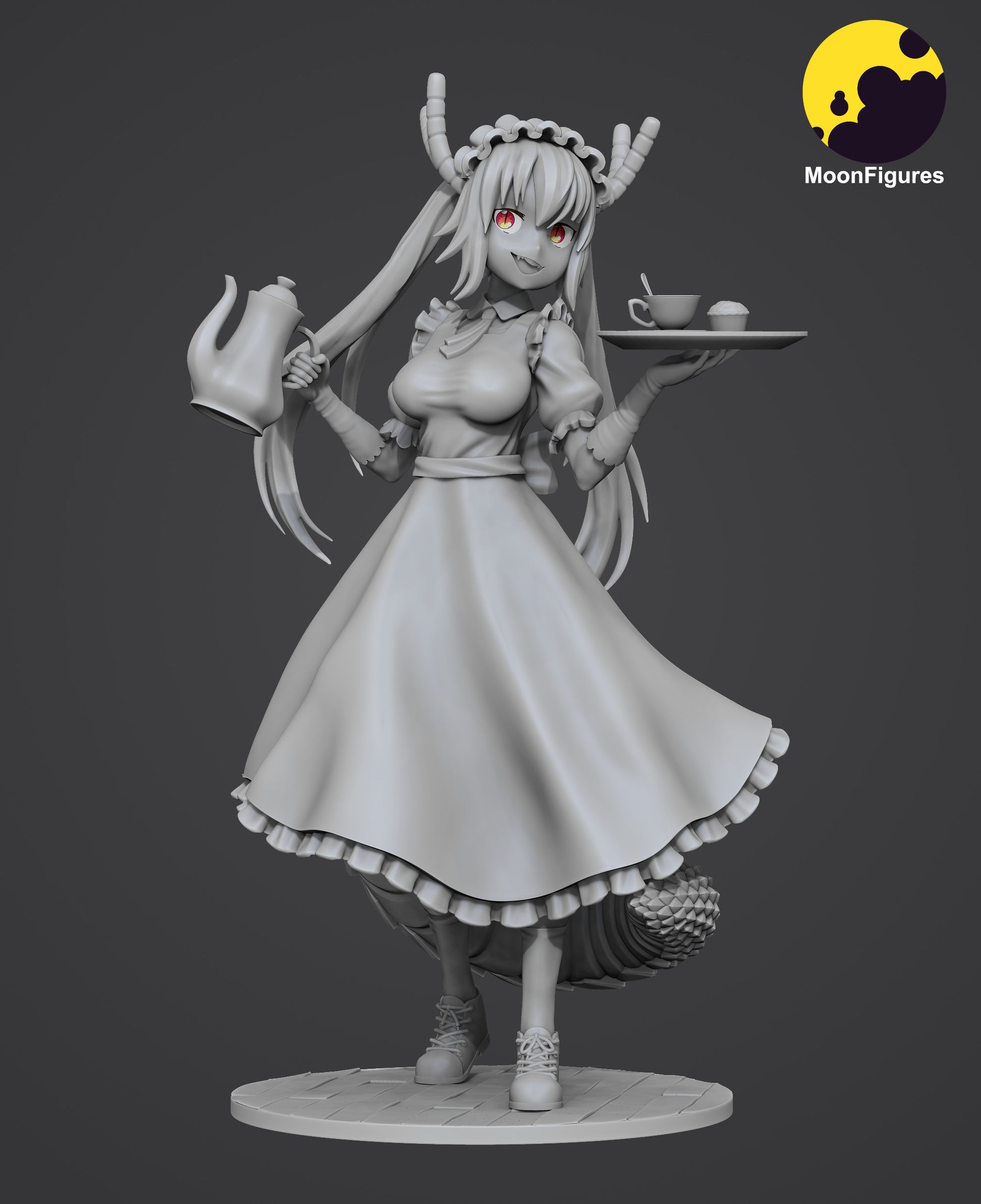 Tohru Miss Kobayashi’s Dragon Maid 1:10 scale collectible figure grayscale angled render with dragon tail visible