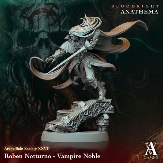 Roben Notturno, a vampire noble with a drawn blade, flowing cape, and ornate attire, standing on a detailed gothic staircase base against a dark, atmospheric backdrop.